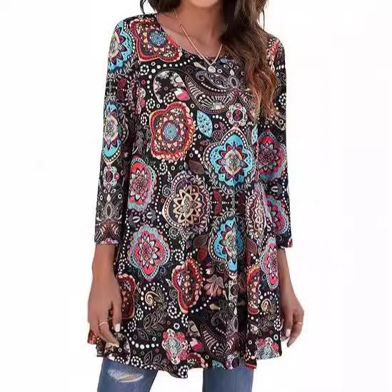Versatile women's boho tunic, relaxed fit with three-quarter sleeves and unique mandala pattern.