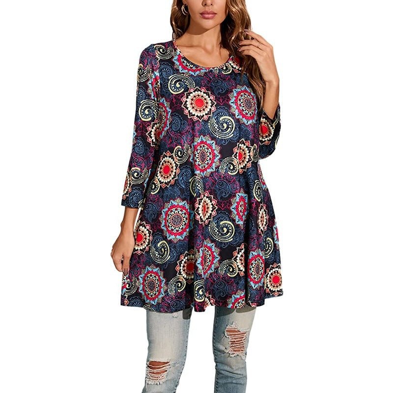 Casual women's blouse, a comfortable mandala print swing tunic with a relaxed fit for everyday wear.