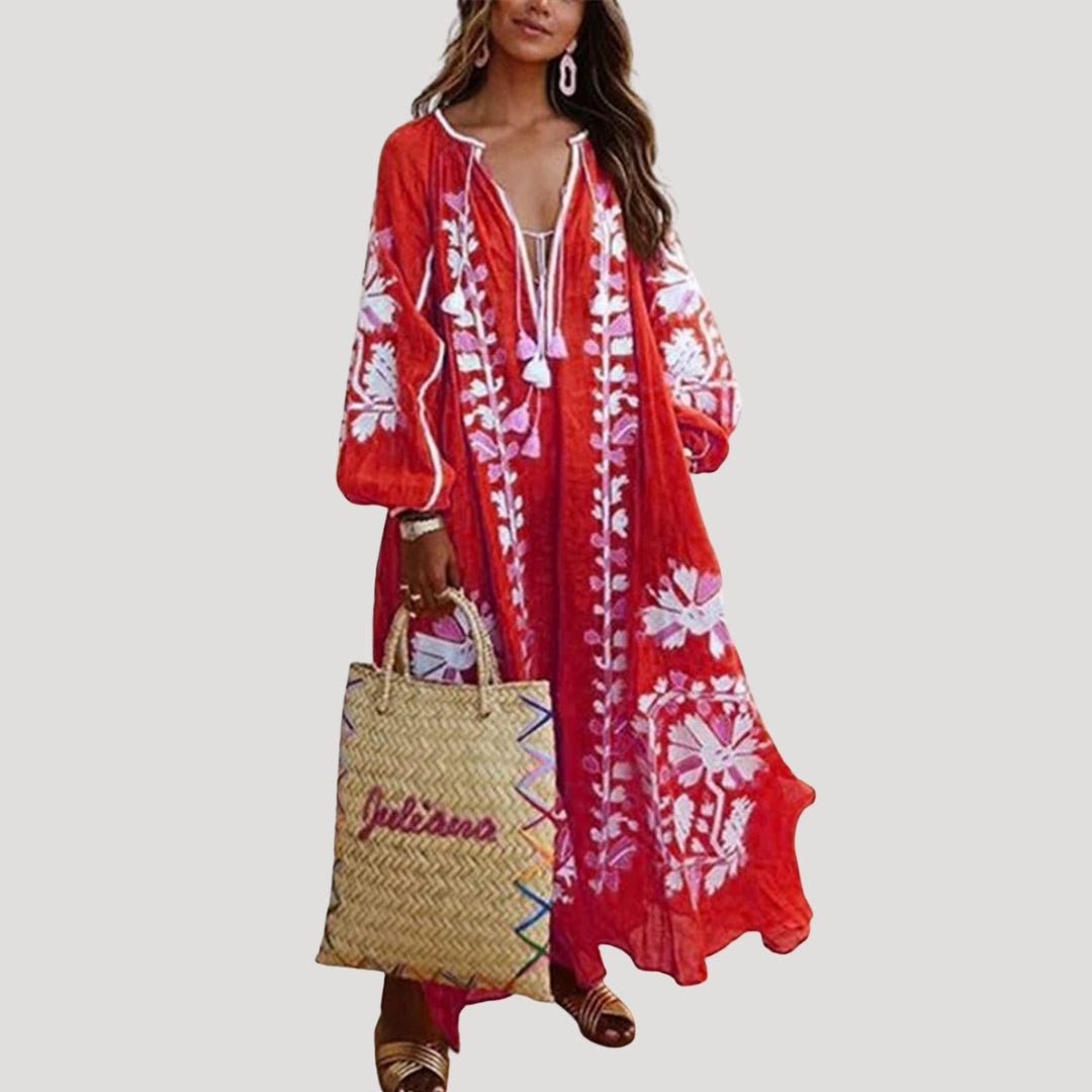 Women's boho maxi dress with V-neck, long sleeves, and a flowing, loose fit for casual wear.