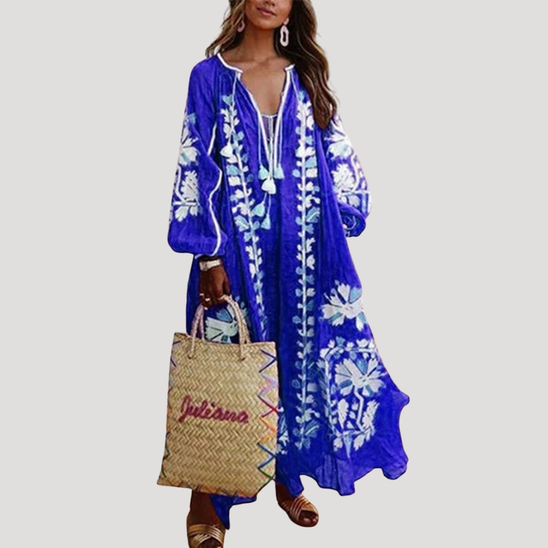 Patterned boho maxi dress for women, featuring a V-neck, long sleeves, and a comfortable loose fit for casual style.