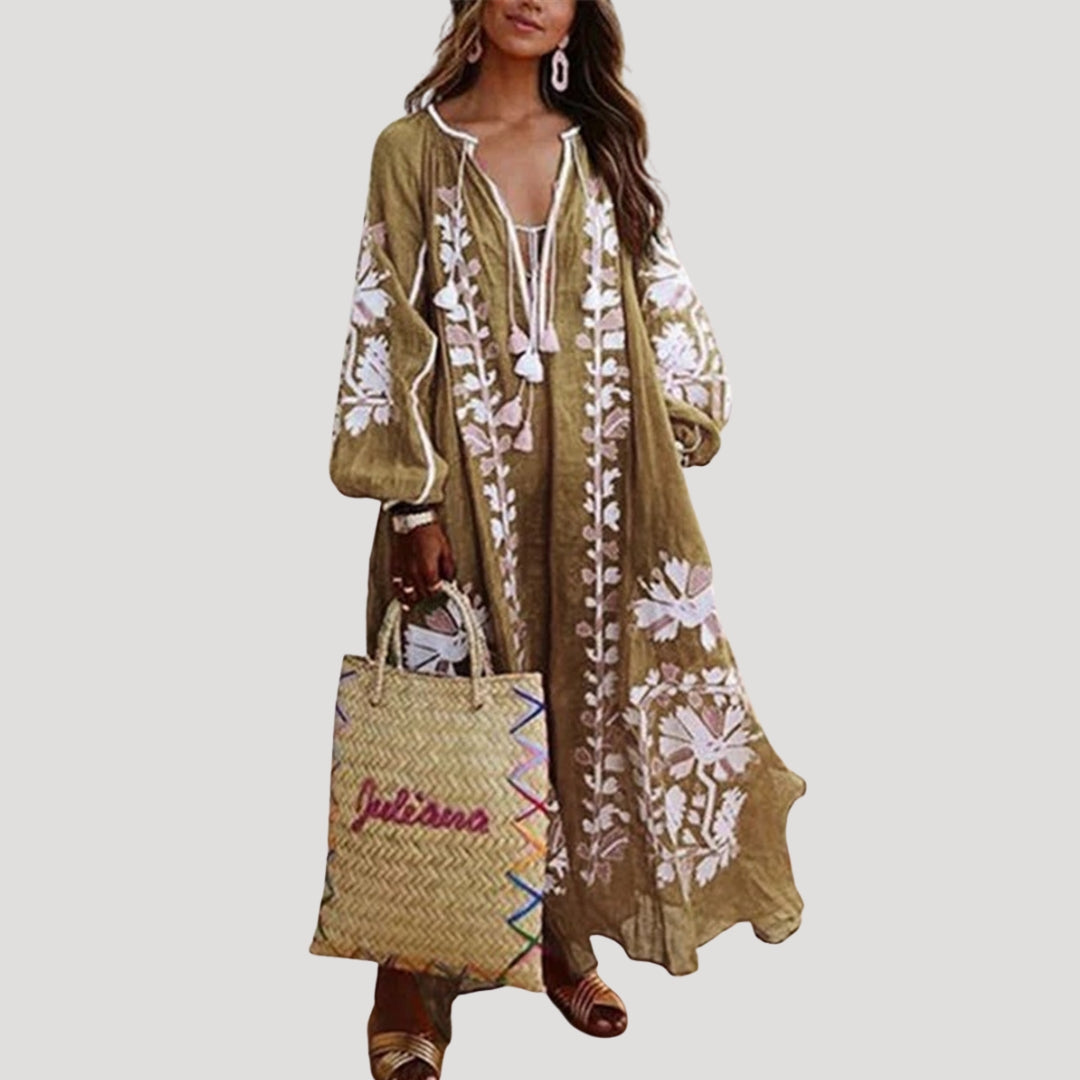 Comfortable loose fit V-neck boho maxi dress for women, long sleeves, flowing fabric, perfect for everyday casual style.