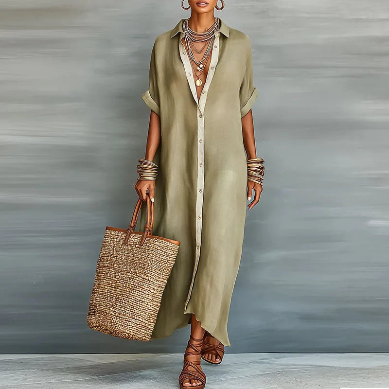Women's boho maxi shirt dress with vibrant contrast print, relaxed fit for summer casual wear.