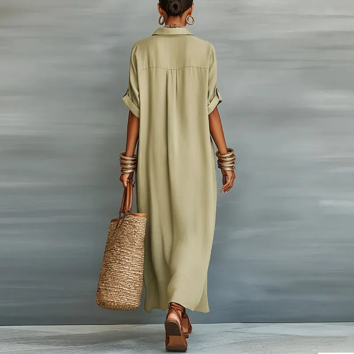Boho women's maxi dress, casual button-front shirt style, perfect vacation wear with unique contrast print.