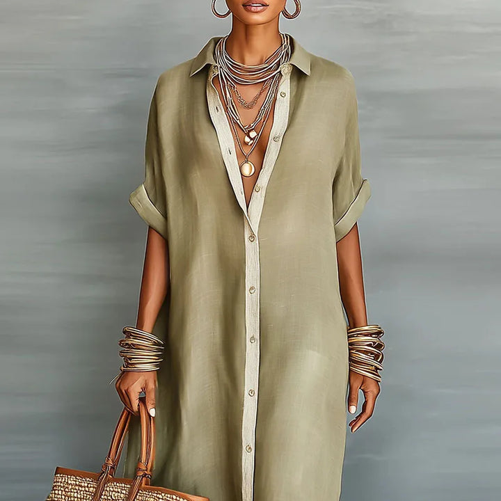 Relaxed fit short-sleeve maxi shirt dress for women, featuring a stylish boho contrast print. Ideal day dress.