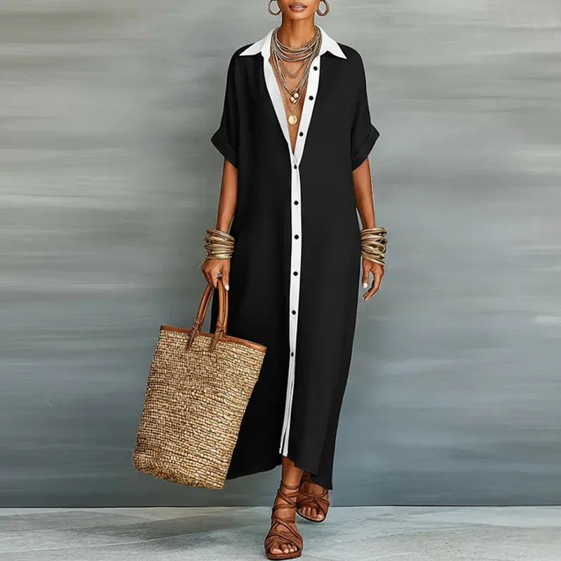 Stylish women's summer fashion: short-sleeve boho maxi shirt dress, great for vacation, unique contrast print.