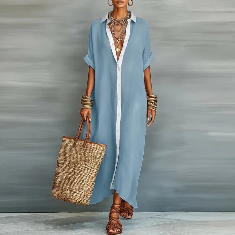 Detail of the contrast print on a relaxed fit women's boho maxi shirt dress, perfect for casual summer days.