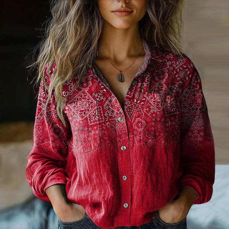 Women's boho printed long sleeve blouse, vibrant bohemian pattern, button-up design for chic casual wear.