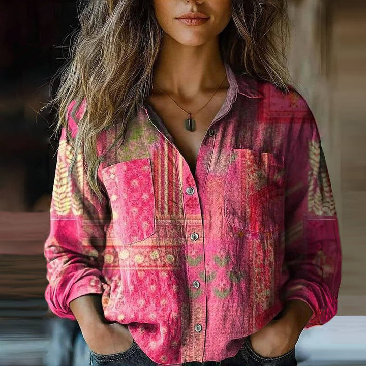 Chic women's printed long sleeve blouse, bohemian fashion top with unique pattern, ideal for stylish casual wear.