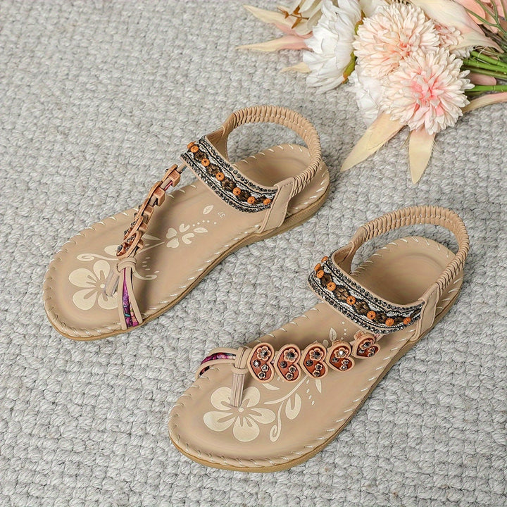 Beach-ready women's boho flat sandals, embellished with vibrant beads & sparkling rhinestones.