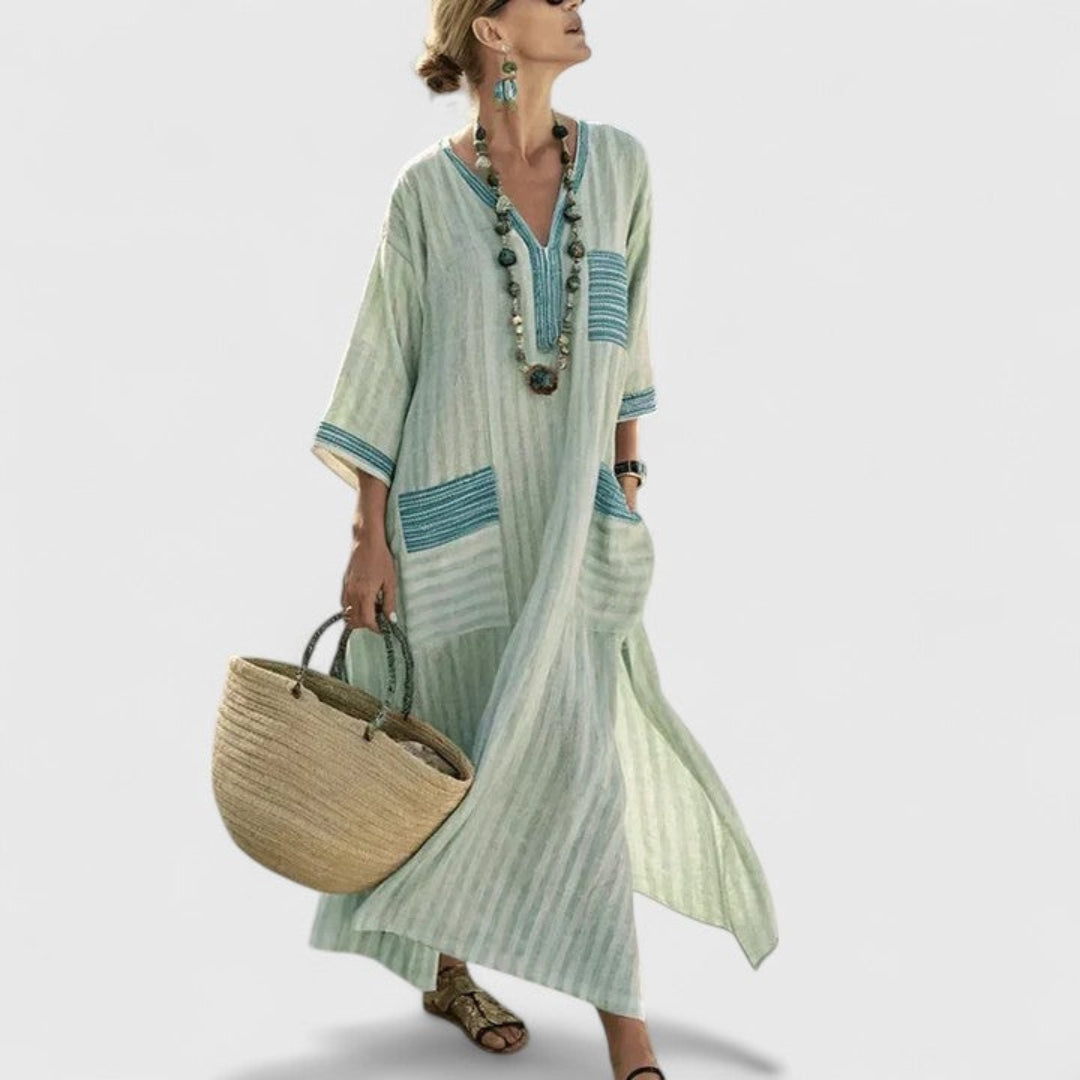 Women's boho striped maxi dress, V-neck, loose fit kaftan with pockets, perfect for summer vacation & beachwear.