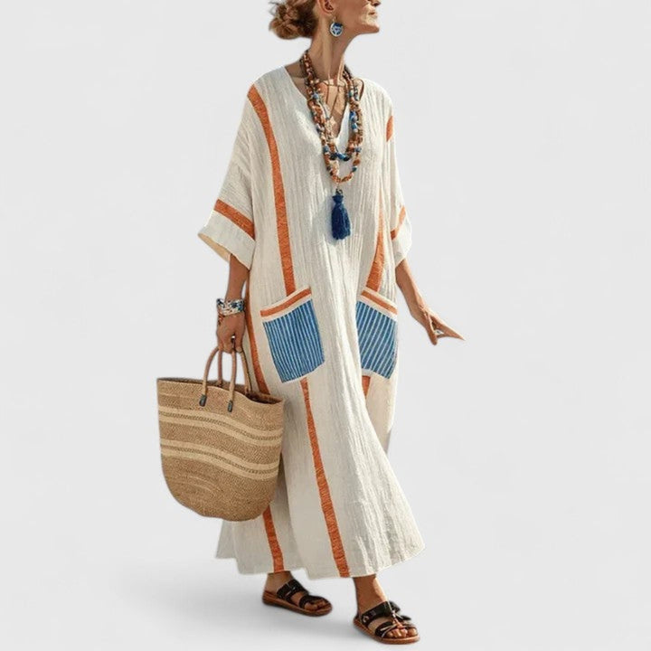 Loose fit boho striped maxi dress for women, V-neck, comfortable kaftan style with pockets. Perfect vacation dress.