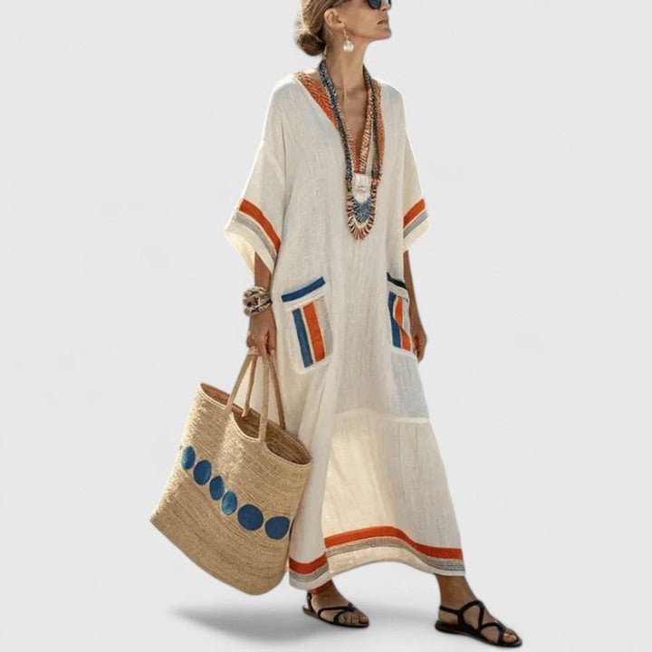 Stylish women's boho striped maxi dress, V-neck loose fit kaftan with pockets. Long comfortable summer beach dress.