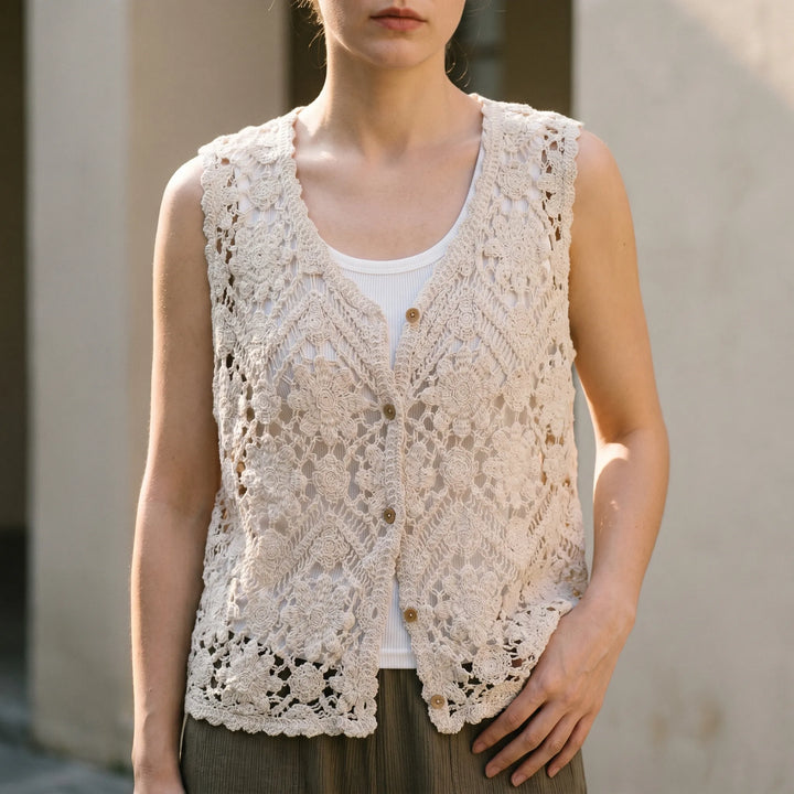 Women's boho summer knit tank top vest with v-neck, sleeveless design, and delicate floral pattern for layering.