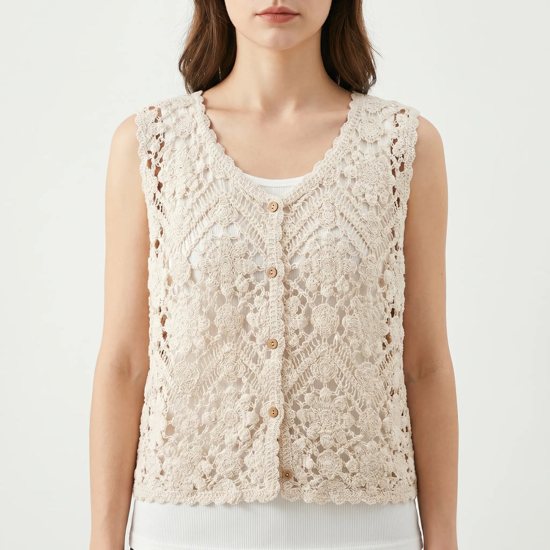 Stylish women's boho knit summer vest; sleeveless v-neck tank top with floral details, perfect for warm weather fashion.