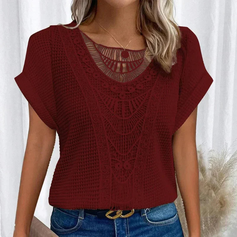 Effortless women's boho textured casual top, short sleeve, for comfortable everyday bohemian style.