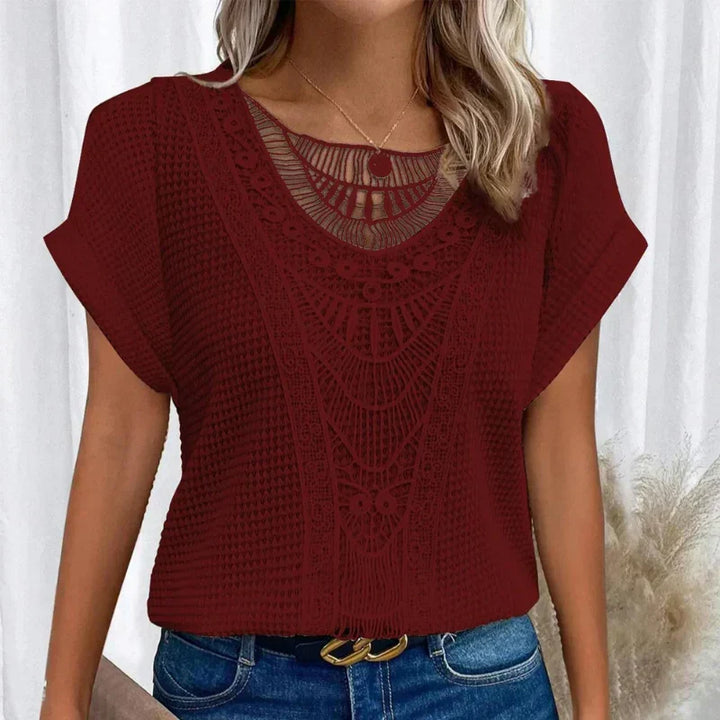 Effortless women's boho textured casual top, short sleeve, for comfortable everyday bohemian style.
