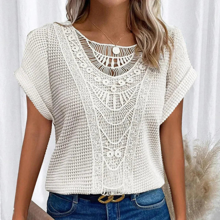 Versatile women's textured boho short sleeve top, casual, perfect for resort wear & summer chic.