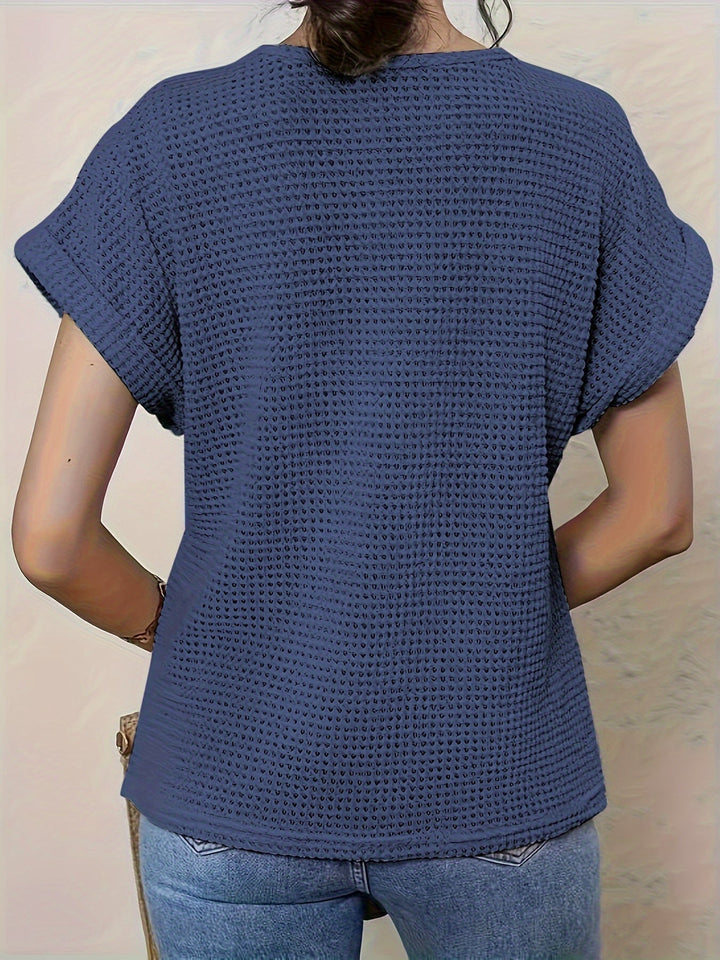 Feminine boho textured women's top, short sleeve, ideal for chic summer fashion & casual outings.