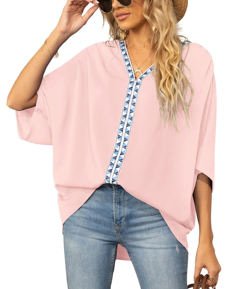 Women's boho tunic top with geometric V-neck trim and half sleeves, oversized flowy fit for summer.