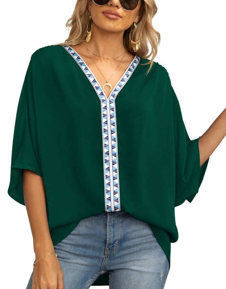 Versatile women's boho tunic, half sleeve, geometric V-neck, comfortable, perfect for everyday spring style.