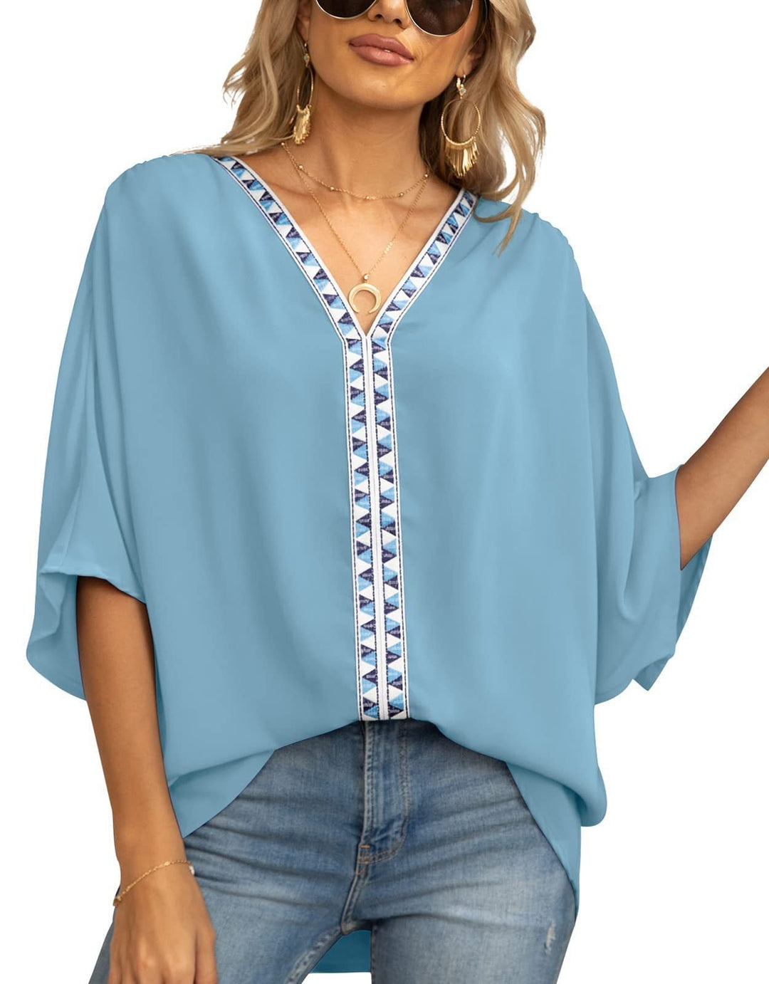 Comfortable women's top, bohemian style, geometric V-neck, half sleeve, flowy fit, great for spring.