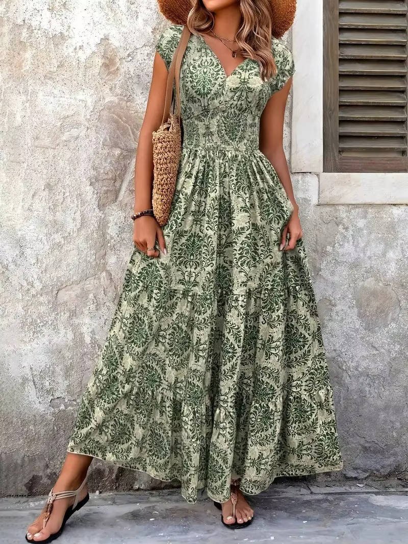Flowy Boho V-neck maxi dress for women. Flattering fit, perfect as a long summer or casual elegant dress.