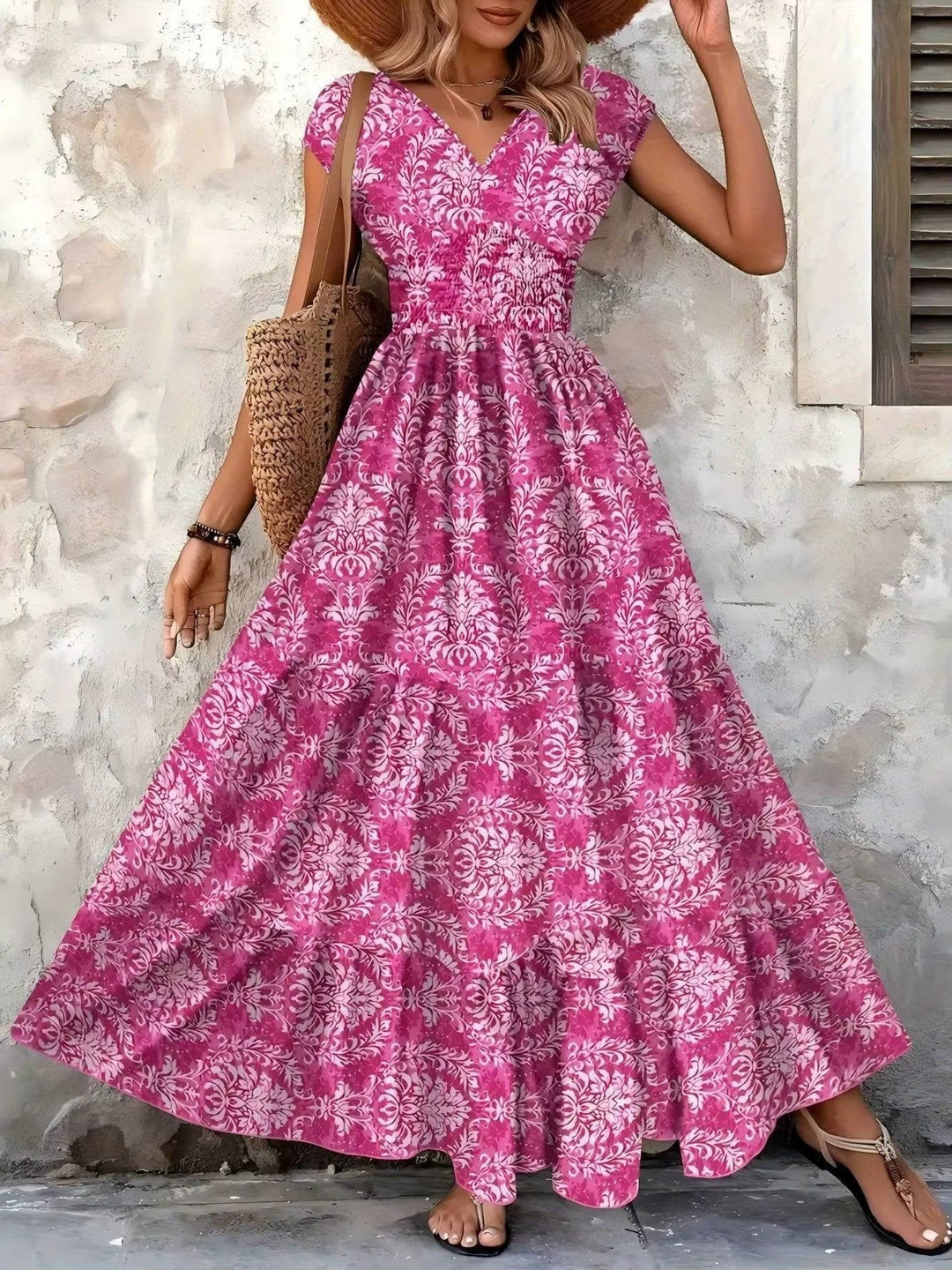 Comfortable women's boho maxi dress with a stylish V-neck. Flowy design perfect for casual or elegant occasions.