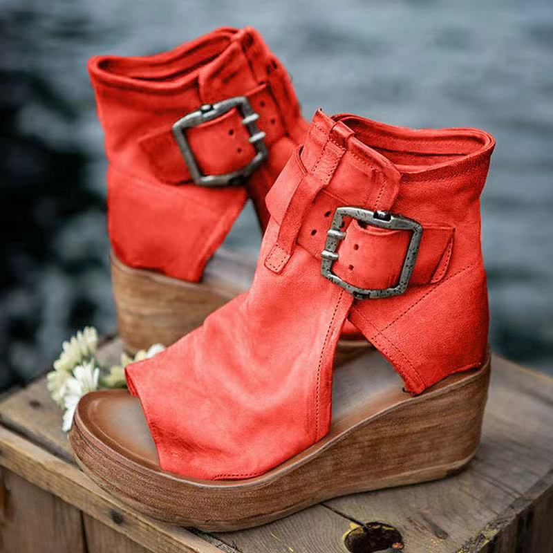 Comfortable women's boho wedge sandals with orthopedic support & buckle closure for pain relief.