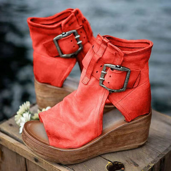 Comfortable women's boho wedge sandals with orthopedic support & buckle closure for pain relief.
