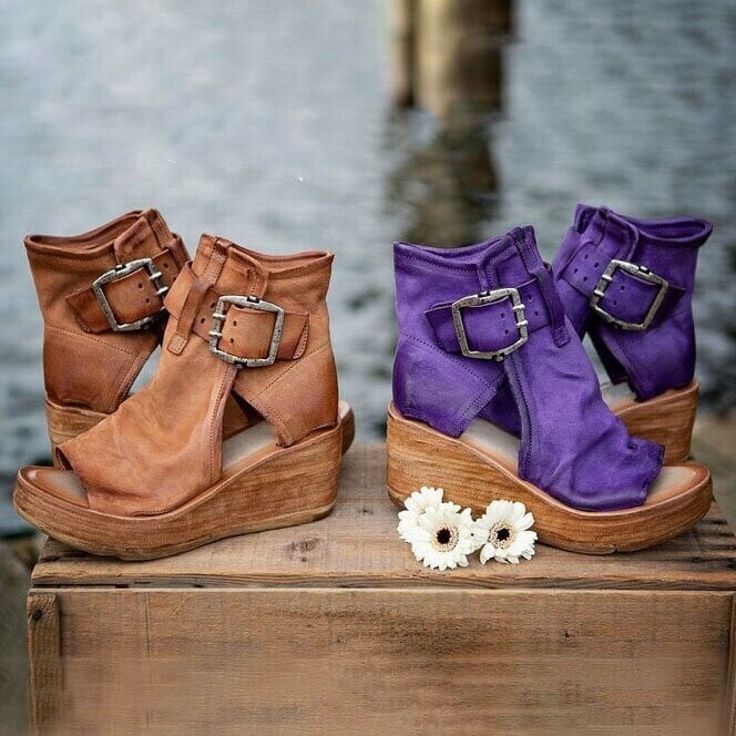 Fashionable women's boho wedge sandals, buckle closure, offering orthopedic comfort & style.