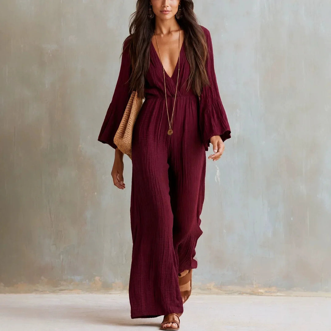 Comfortable and stylish women's wide leg jumpsuit with a deep V-neck, boho flare sleeves, great for summer.