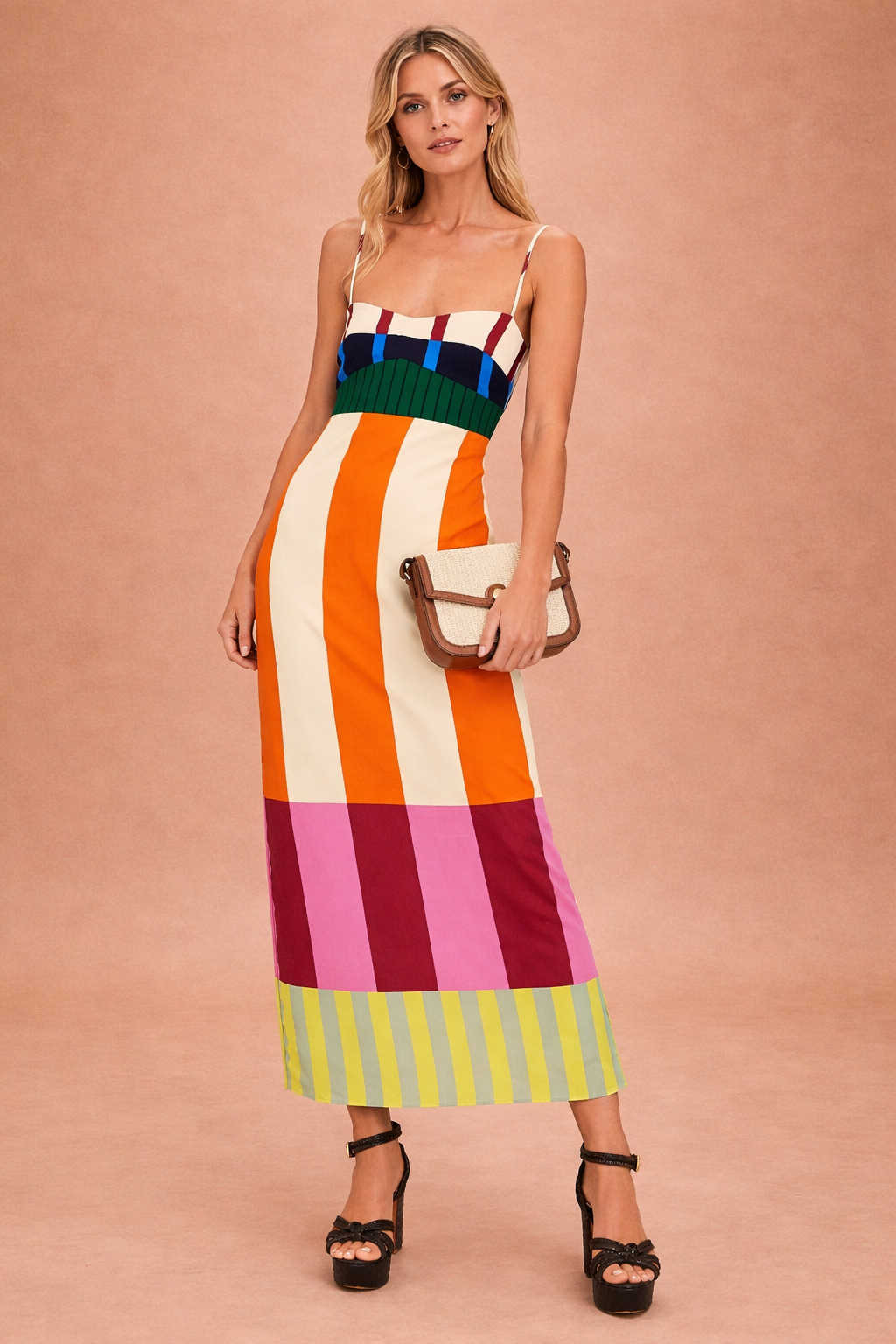 Women's bold colourblock spaghetti strap midi dress, bodycon fit, perfect for summer fashion.