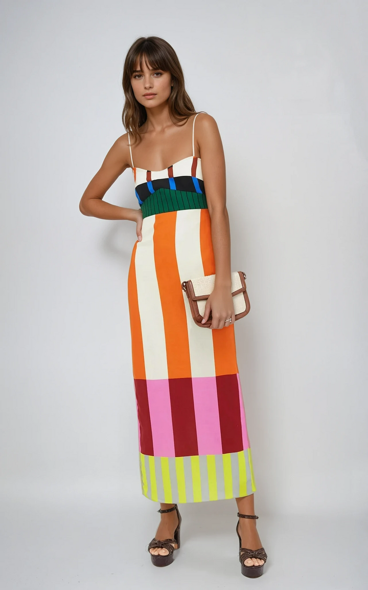 Trendy women's colourblock stripe midi dress with spaghetti straps, a chic statement summer dress.