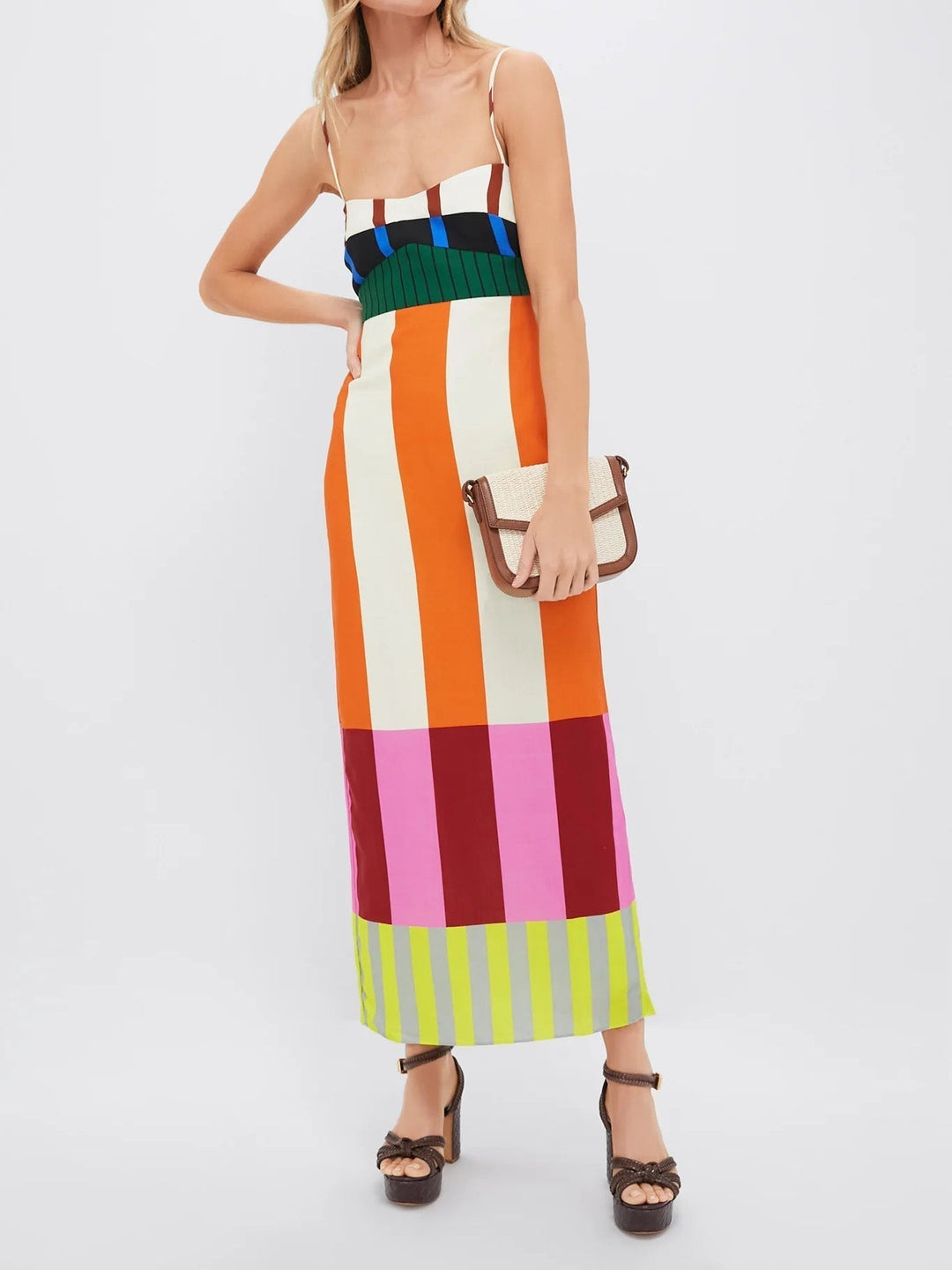 Versatile women's sleeveless bodycon midi dress featuring a bold colourblock design and thin straps.