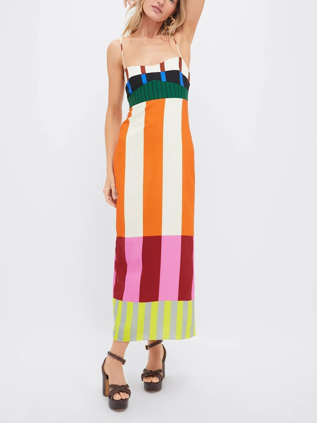 Stylish women's colourblock midi dress with delicate spaghetti straps for a trendy summer look.