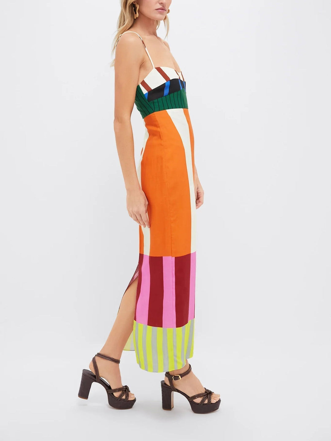 Fashionable women's sleeveless midi dress with bold colourblock stripes and elegant spaghetti straps.