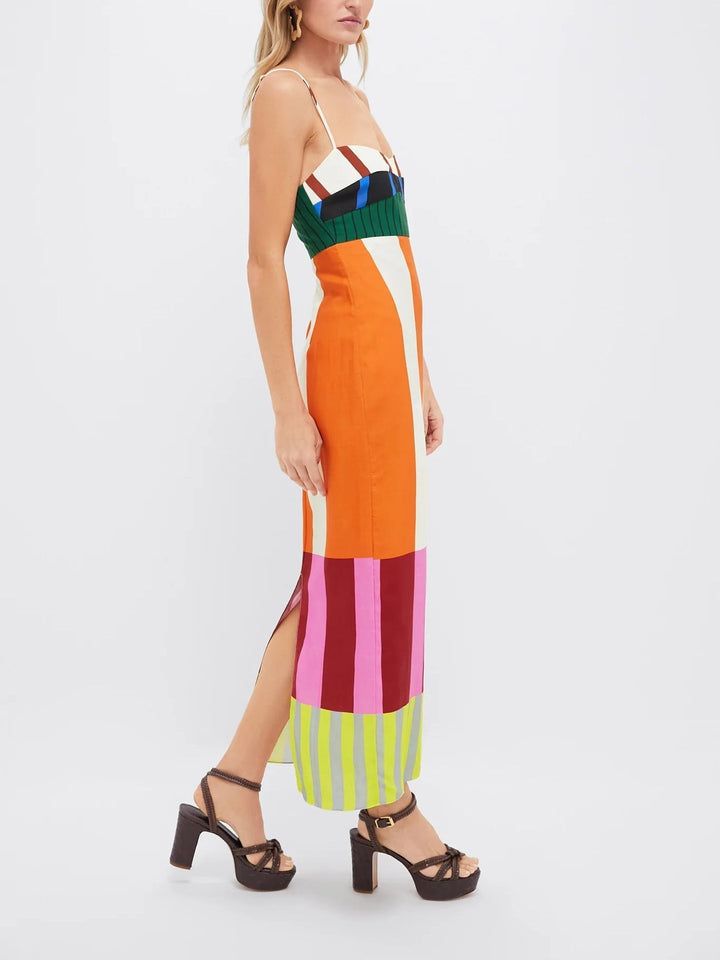 Fashionable women's sleeveless midi dress with bold colourblock stripes and elegant spaghetti straps.
