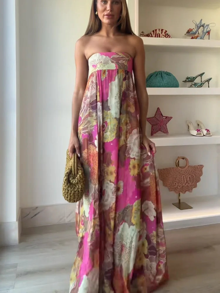 Vibrant bold floral print strapless maxi dress, an elegant choice for women's parties & occasions.