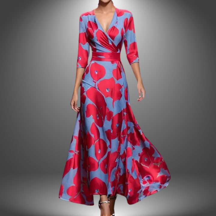 Elegant women's long flowy dress featuring a vibrant bold floral print and a flattering wrap V-neck design.