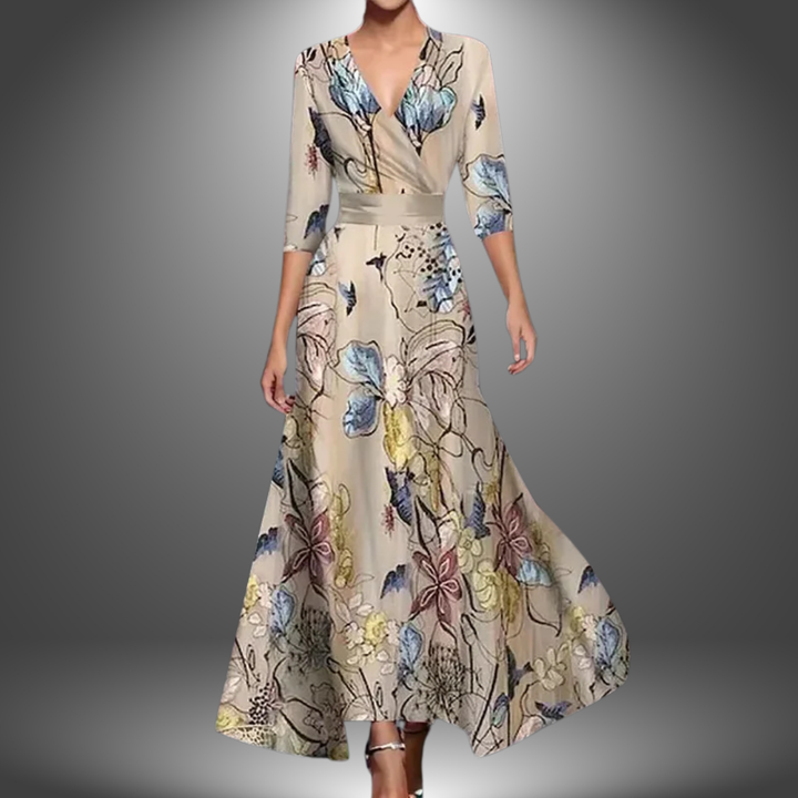Stylish women's bold floral wrap maxi dress. Comfortable V-neck flowy design, ideal for summer parties & occasions.