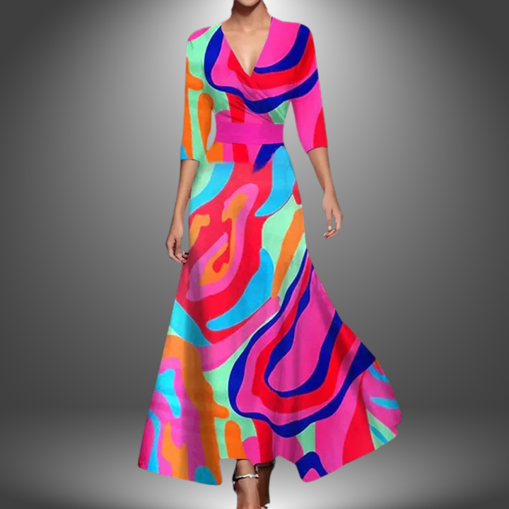 Chic women's summer maxi dress with a bold floral print, elegant V-neck wrap, and a comfortable flowy fit.