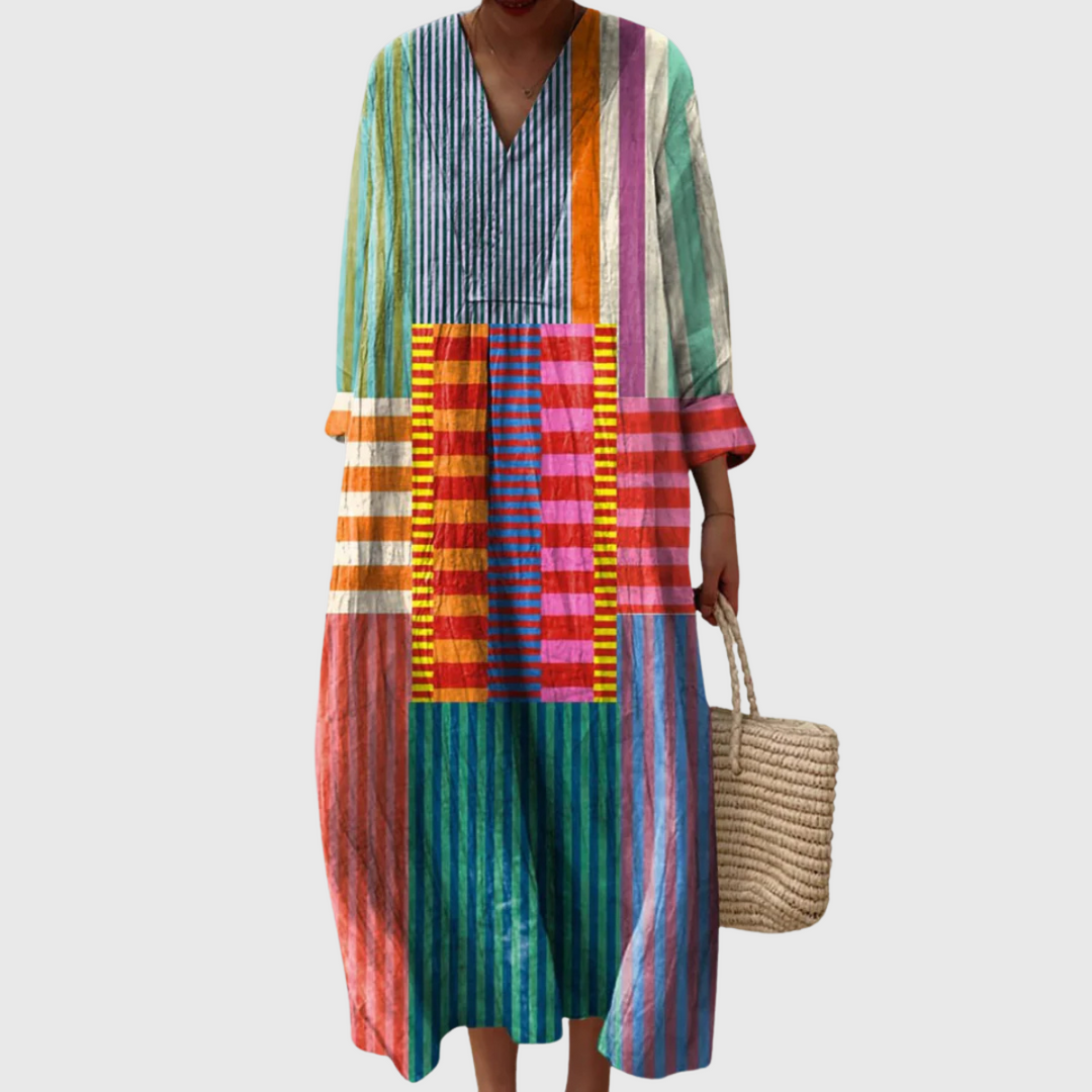 Women's bold multicolor stripe patchwork long sleeve V-neck dress, vibrant casual style.
