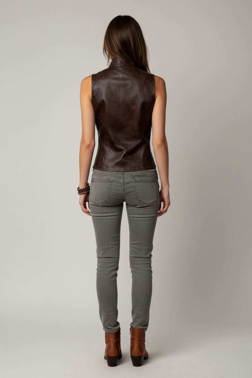 Trendy women's streetwear vest, a chic modern layering piece for urban fashion. Sleeveless & fashion-forward design.