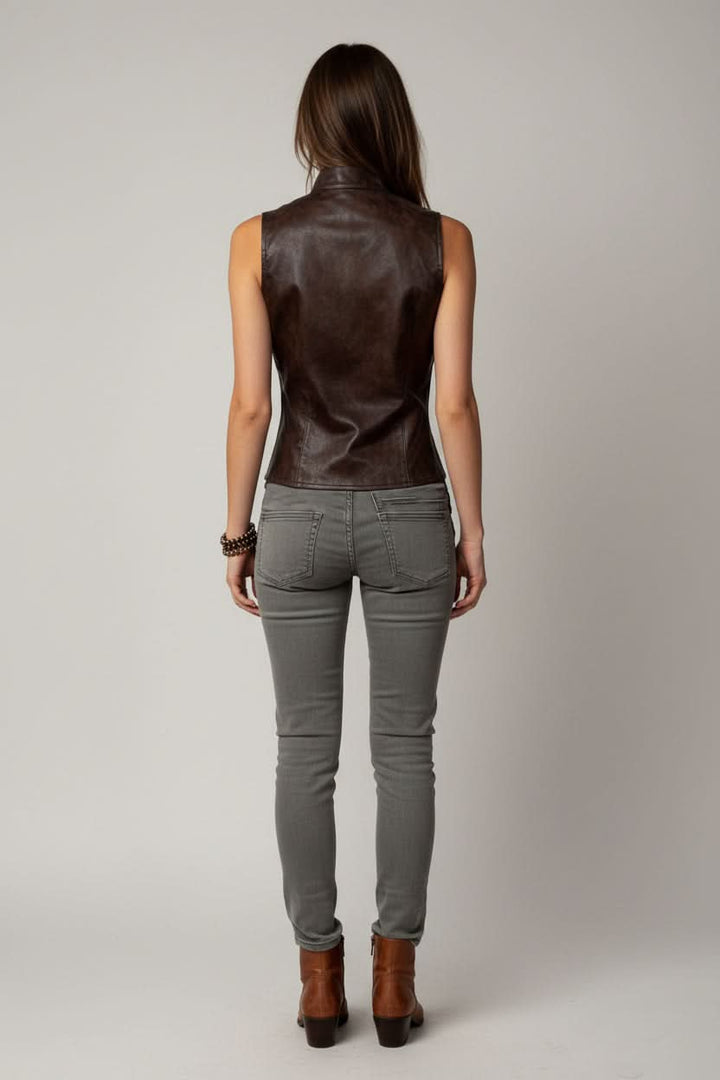 Trendy women's streetwear vest, a chic modern layering piece for urban fashion. Sleeveless & fashion-forward design.