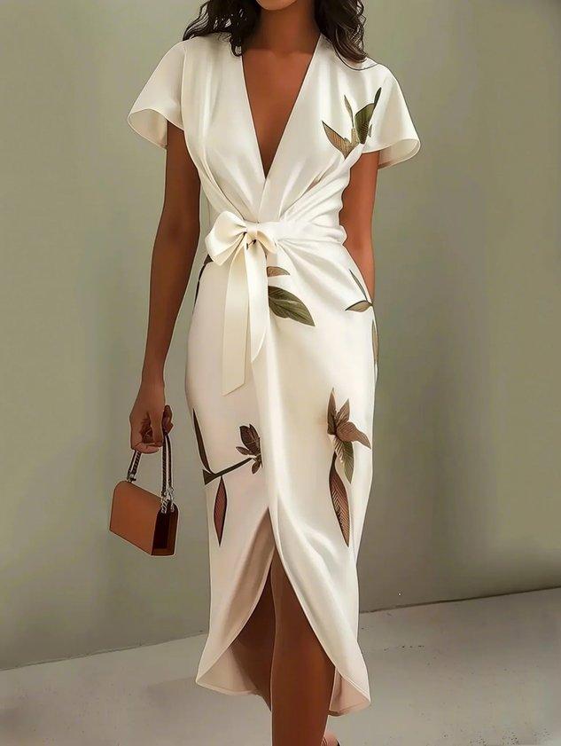 Women's botanical print V-neck wrap midi dress with flutter sleeves, perfect for wedding guests & special occasions.