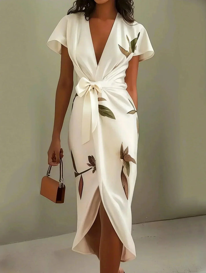 Elegant women's V-neck wrap midi dress with a beautiful botanical print & tie waist, ideal for wedding guests.