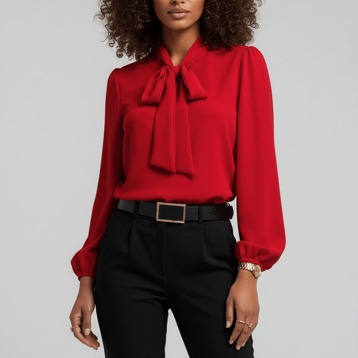 Women's bow tie neck puff sleeve blouse, elegant workwear, chic office style, long sleeve top.