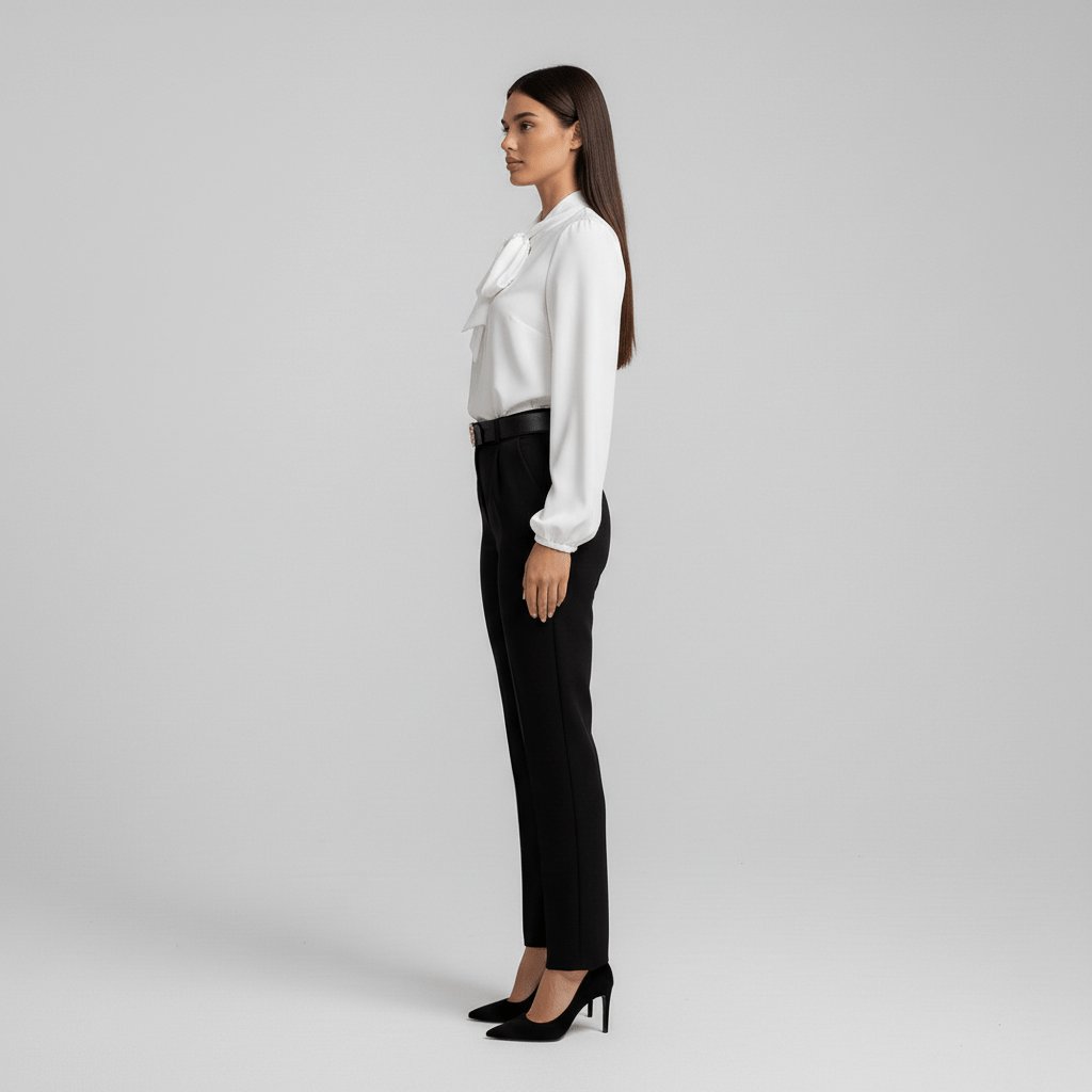 Modern women's top: bow tie neck, puff sleeves, perfect for elegant office wear or stylish outings.