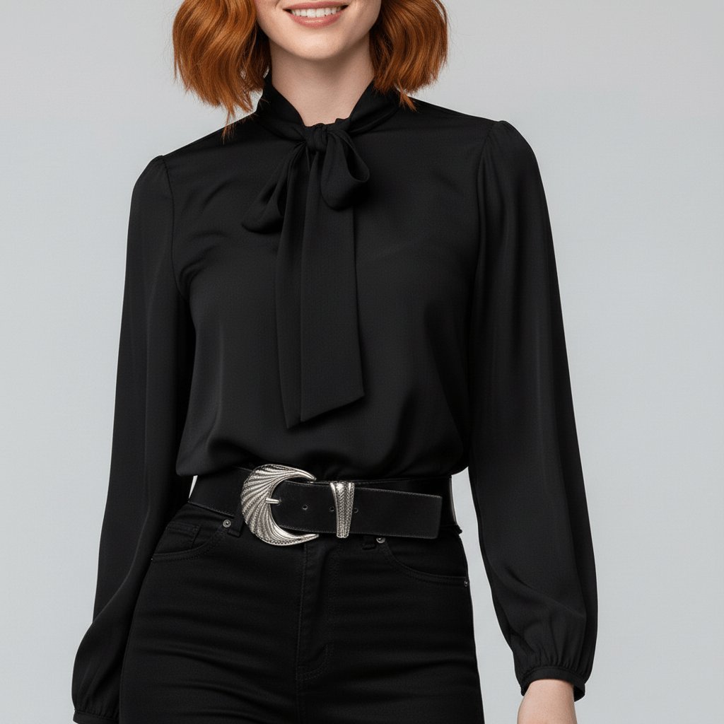 Chic women's office blouse with a bow tie neck and sophisticated puff sleeves, perfect for work.