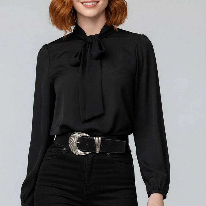 Chic women's office blouse with a bow tie neck and sophisticated puff sleeves, perfect for work.